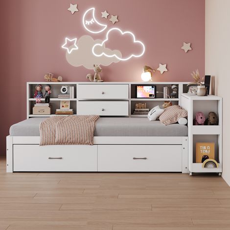 Lit Rangement 90x200cm - Avec Bureau Extractible & Prises USB - Pour Enfant, Chambre - Blanc (1/5)