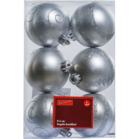 TrendLine Christbaumkugeln 6 Stk Ø 6 cm Silber Weihnachtskugeln Weihnachtsbaum (1/3)