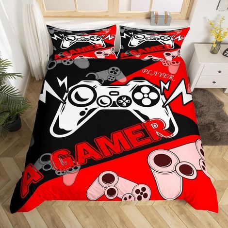 Gamer Bettwäsche Set 200x200 cm mit 2 Kissenbezügen 80x80 cm, Wendbar Rot Schwarz