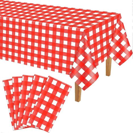 Nappe à carreaux rouge et blanc 5 pièces, plastique Buffalo Plaid, nappe jetable imperméable pour table ronde et rectangulaire, décoration de fête extérieure, 137 x 180 cm, lot de 5. (1/4)