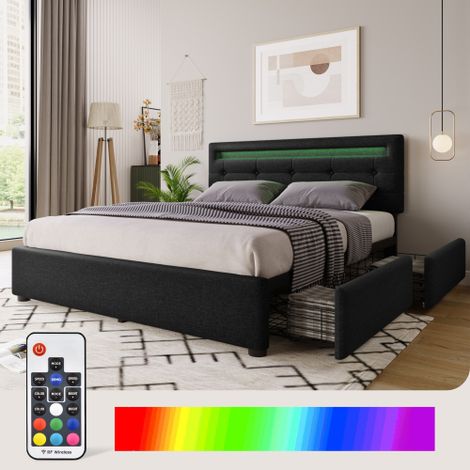 Cadre de lit double rembourré (140 x 200 cm) avec éclairage LED et 4 tiroirs  tête de lit réglable en hauteur et sommier à lattes en bois  noir (matelas non inclus). (1/5)