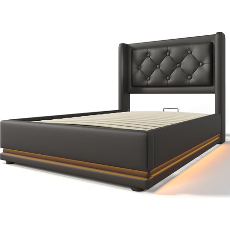 Cama canapé 90 x 200 cm de PU negro con colchón, cabecero capitoné, LED 3 lados, USB-C (1/5)