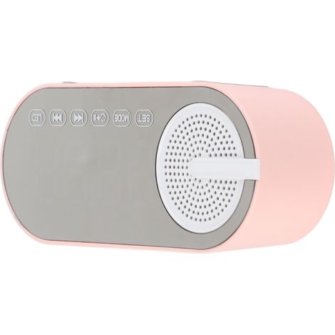 Enceinte Bluetooth 5.0 avec horloge miroir, radio FM à basses profondes, réveil numérique rechargeable et lumières colorées, rose. (1/5)