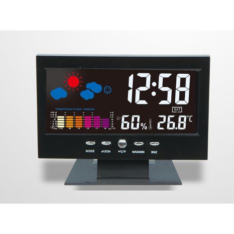 Reloj despertador electrónico meteorológico 8082T, pantalla LED a color creativa, pronóstico del tiempo, indicador de temperatura y humedad, calendario perpetuo, retroiluminación, color negro + cable  (1/4)