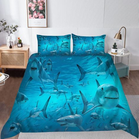 Bettwäsche-Set Doppelbett 200x200 cm mit Hai-Motiv, 3-teilig, Mikrofaser