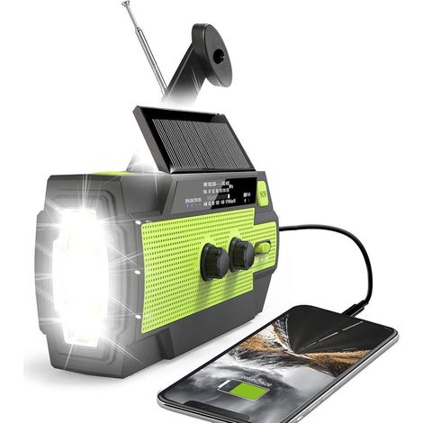 Radio d'urgence avec cellule solaire et manivelle, AM/FM, prévisions météo, SOS, lampe torche et chargeur de téléphone portable 0 mWh