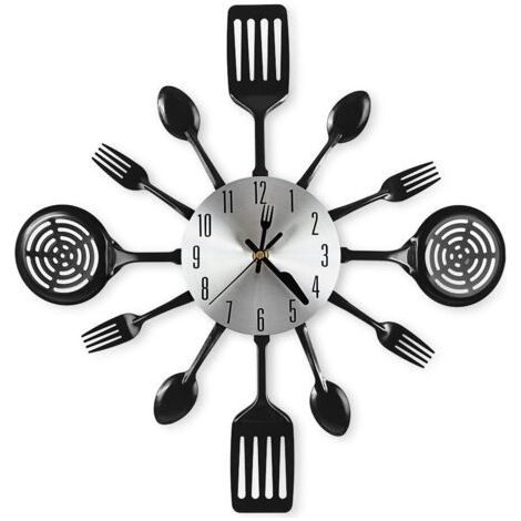 Grandes horloges murales de cuisine de 40,6 cm avec cuillères et fourchettes, excellente décoration d'intérieur et de beaux cadeaux, noir