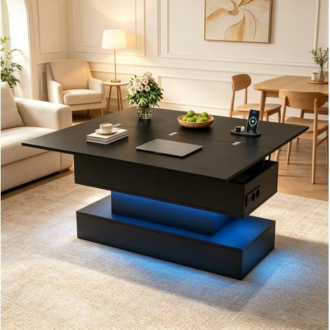 Tavolino da caffè sollevabile 100 x 50 x 51,5 cm con presa, USB-C, USB e LED nero DESVIAE (1/5)