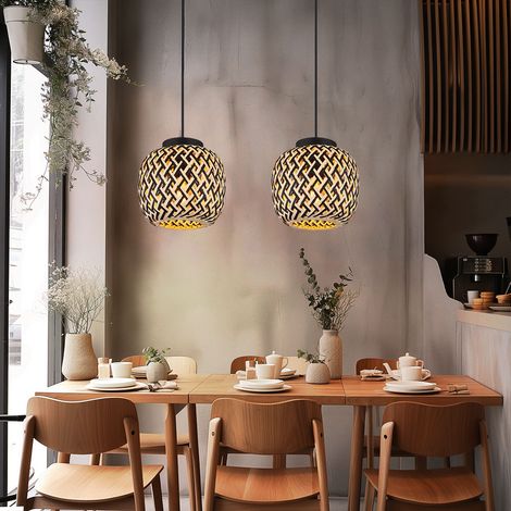Lampe suspendue suspension lampe de table à manger lampe de salon lampe de cuisine, réglable en hauteur bambou métal naturel noir style bohème, 1x douille E27, DxH 20x120cm, lot de 2 (1/5)