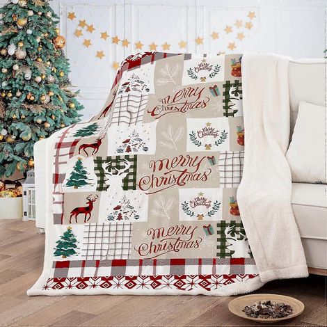 Plaid de Noël en sherpa, imprimé Père Noël, sapin et cerfs, style rustique, pour enfants, adolescents et adultes. Douce en microfibre, idéale pour le lit et le canapé (150 x 200 cm). (1/5)
