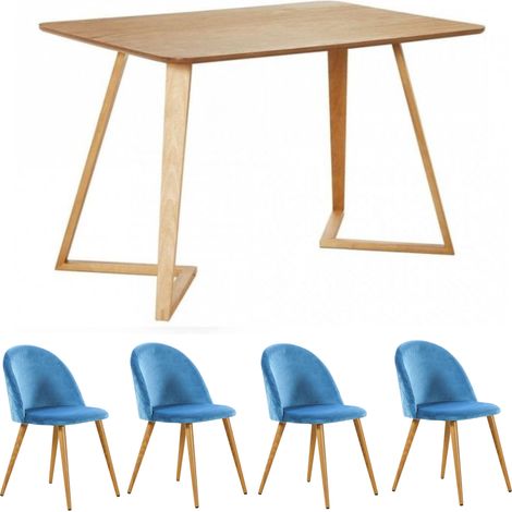 Dallas Lucia Dining Set - an Oak Wooden Dining Table and Set of 4 Blue Velvet Dining Chairs - Dining Room Kitchen (1/5)