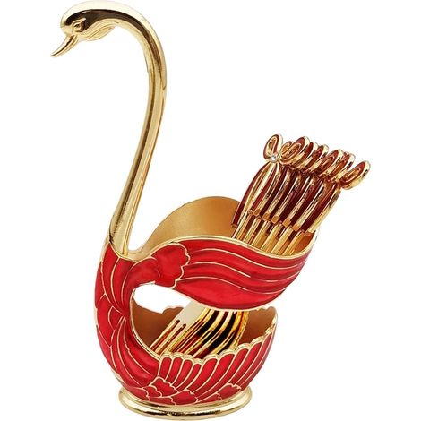 Juego de 6 piezas de cubertería para café con soporte decorativo en forma de cisne (tenedor, oro rosa).