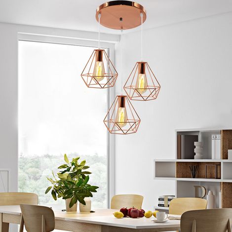 Axhup – Suspension luminaire vintage cage diamant métal 3 lumières E27 20cm – Finition galvanoplastie anti-corrosion – Lustre rétro or rose