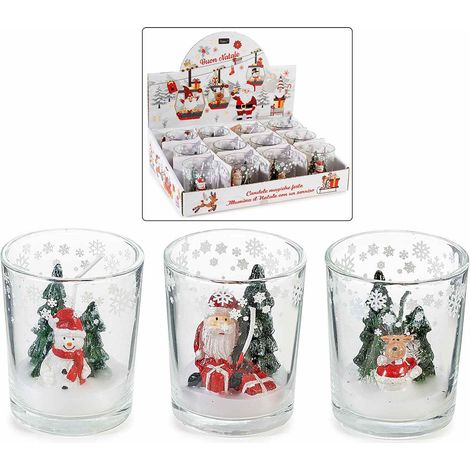 Candele a Babbo Natale / renna / pupazzo di neve in vasetto di vetro decorato, in espositore da 12 pezzi, set da 12 pezzi, Ø 5,5 x 6,5 H