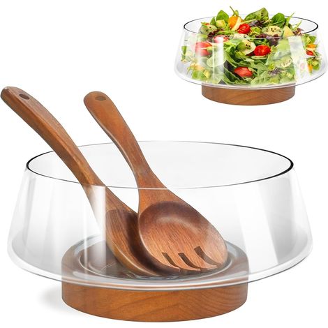 Ensemble de saladiers en verre avec base en bois massif, bols de service élégants pour ustensiles de cuisine et fêtes (transparent)