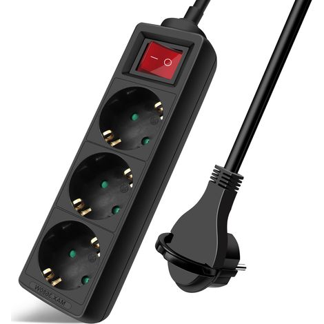 Multiprise avec 3 prises et interrupteur, câble 1,5 m, fiche plate pour la maison, le bureau et les voyages, 16 A, 250 V, 3680 W, noir (1/5)