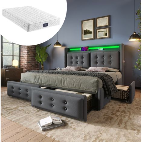 Cama doble tapizada con LED USB y 4 cajones gris OKMYHOME (1/5)