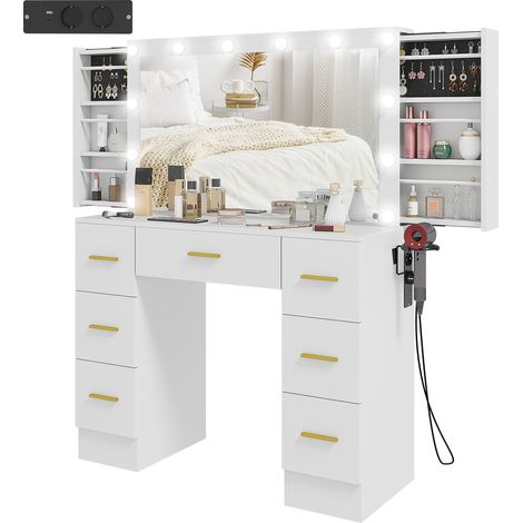 Coiffeuse avec miroir LED 12 lumières, 7 tiroirs et rangements cachés, blanc (1/5)