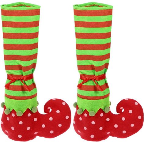 Juego de 2 fundas para pies de elfo, tela roja y verde, decoración navideña para mesa y silla. (1/5)