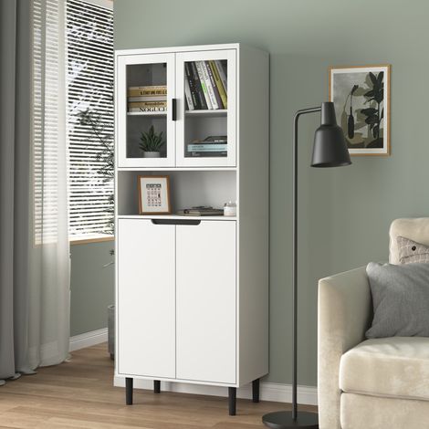Armoire bibliothèque haute 4 portes verre trempé avec plateau réglable, MDF laqué blanc, rangement élégant pour salon et chambre, design fonctionnel. (1/5)