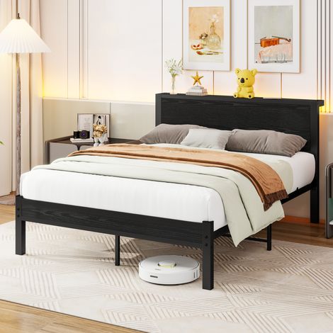 Lit plateforme 120x200 cm en métal noir, avec rangement, pour chambre FloraGrace (1/5)