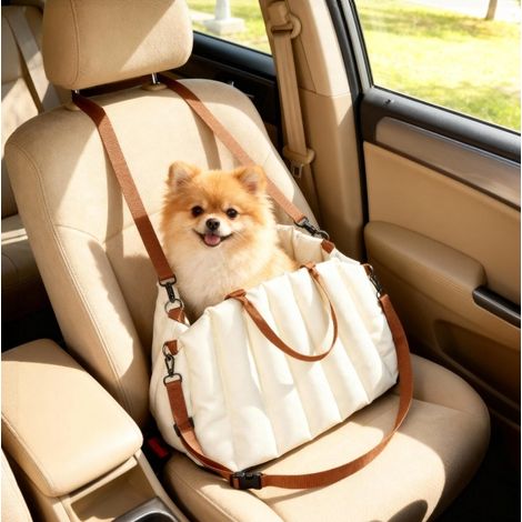 Asiento de coche para perro 5 kg con 2 correas, cojín y correa, marfil DESVIAE (1/5)
