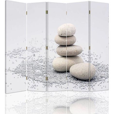 Paravent Kamyki 7 Design Zen et Élégant 5 Volets - 180 x 180 cm - 1 face déco, 1 face noir