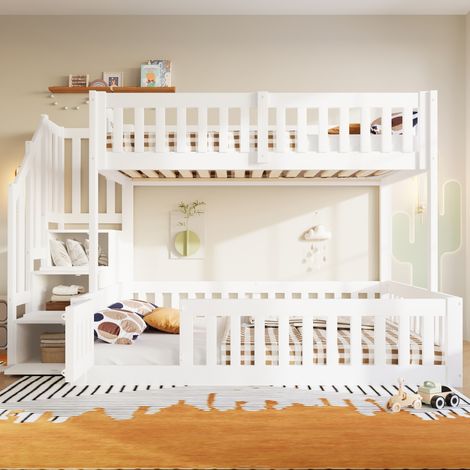 Lit superposé enfant 90x200 et 140x200 cm, 2 couchages, escalier de rangement, garde-corps, lit bas avec petite porte, pin et MDF, blanc (1/5)