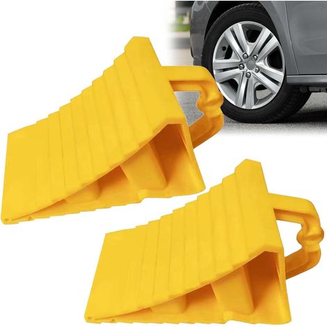 Juego de 2 calzos para ruedas con asa - 110 x 200 x 120 mm - Plástico - Para coche, caravana, autocaravana - Amarillo (1/5)