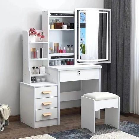 Coiffeuse élégante avec miroir et éclairage, incluant un tabouret confortable dotée d'un miroir lumineux, d'un éclairage réglable en 3 teintes et de 4 tiroirs couleur blanche L 85 / H 130 / P 36 cm (1/5)