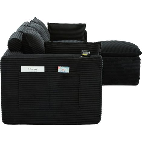 Divano modulare 3 posti con pouf in tessuto nero, cuscini, portabicchieri e tasche laterali (1/5)