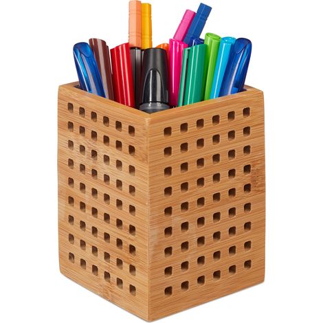 Relaxdays 2x Bamboo Pen Holder, Set, Wooden Utensil Box for Pens and Scissors, Country-Style, HWD 11.5x9x9 cm, Natural (1/5)