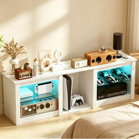 Meuble TV LED blanc avec 5 compartiments, 2 étagères en verre trempé réglables, éclairage USB 7 couleurs, pour téléviseur jusqu'à 70 pouces, 160 cm, CHICFURN (1/5)