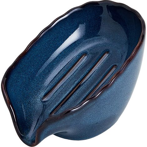 Porte-savon en céramique bleue, porte-savon à drainage automatique, porte-savon en forme de feuille (1/4)