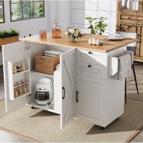 Isla de cocina 120x43,2x92 cm en MDF blanco, con almacenaje que ahorra espacio FloraGrace (1/5)