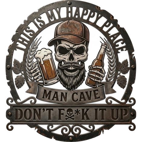 Panneau mural amusant en métal avec tête de mort et inscription « This Is My Happy Place Don't Fck It Up » - Décoration murale industrielle rustique pour garage, atelier, cave, homme (20,3 cm) (1/5)
