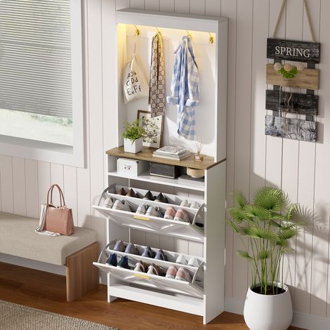 Meuble à chaussures 70x24x180 cm avec LED, 2 portes basculantes, crochets porte-manteaux et rangement chaussures - Blanc (1/5)