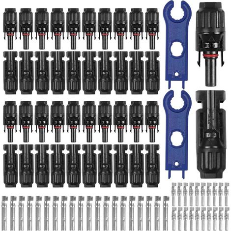 Connecteurs solaires photovoltaïques 4–6 mm², 20 paires mâle/femelle avec câbles, étanches et certifiés CE (1/5)