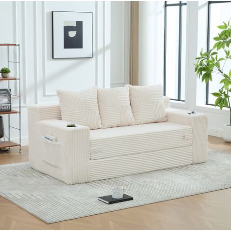 Divano modulare 172x87x64 cm in velluto a coste beige con portabicchieri - MEUBLIV (1/5)