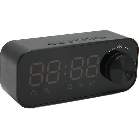 Radio-réveil Bluetooth avec écran LED numérique, caisson de basses et mini miroir intégrés, noir.