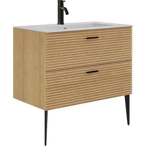 Meuble de salle de bain strié sur pieds avec vasque à encastrer et robinet - 2 tiroirs - Naturel clair - 80 cm - SARONE (1/5)