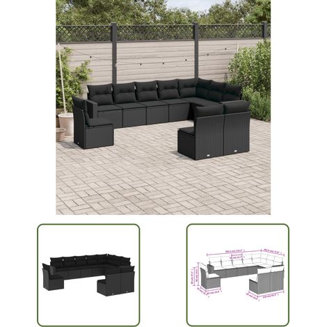 The Living Store Salon de jardin 10 pcs avec coussins noir résine tressée - Ensemble Salon De Jardin - Meuble De Jardin - Salon Extérieur - Résine Tressée - Mobilier D'extérieur (1/3)