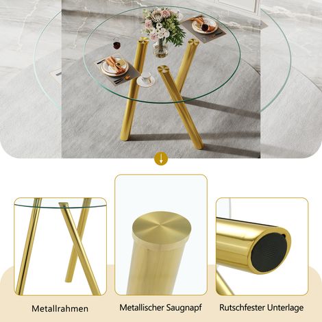 Table ronde de 89 cm,en verre trempé,avec des pieds robustes en métal doré (1/5)