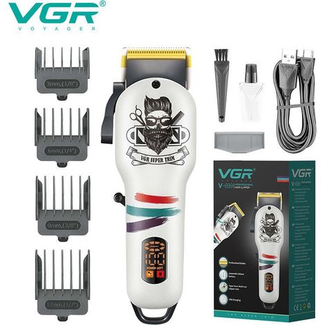 (Blanc) Nouvelle tondeuse à cheveux électrique haute puissance à affichage numérique avec motif graffiti et tondeuse à cheveux épicée (1/4)