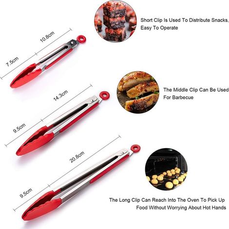 Pince de Cuisine 3 Pièces,7",9" et 12" Pince Barbecue en Acier Inoxydable,Résistant à la Chaleur Cuisine Alimentaire Pinces,avec Poignée en Silicone Anti-Dérapante,pour Barbecue,Salade (Rouge) GROOFOO (1/4)