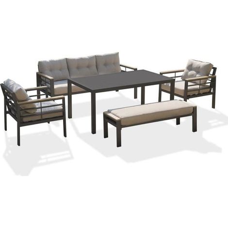 Dcb Garden – Ensemble repas de jardin 7 places en aluminium – Accoudoirs en polywood – Coussins déhoussables – Confort salon de jardin