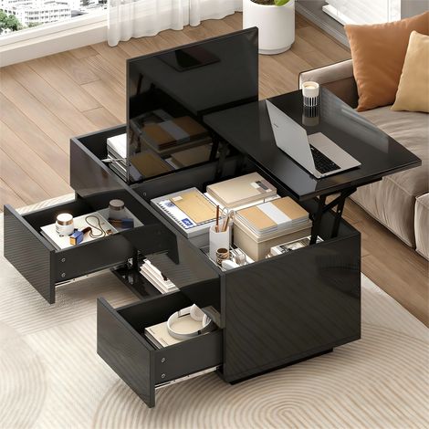 Table basse relevable 100 x 45 x 43 cm avec 2 tiroirs, table d’appoint brillante avec LED, table de salon, table de séjour avec rangement dissimulé, noire, panneau de particules (1/5)