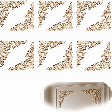 Set of 12 Natural Solid Wood Wall Moulding, Decorative Wood Wall Decoration, 8 x 8 cm, Unpainted Decorative Moulding, Carved Flower Applique Handmade Ornament for Home Decoration DIY (1/5)