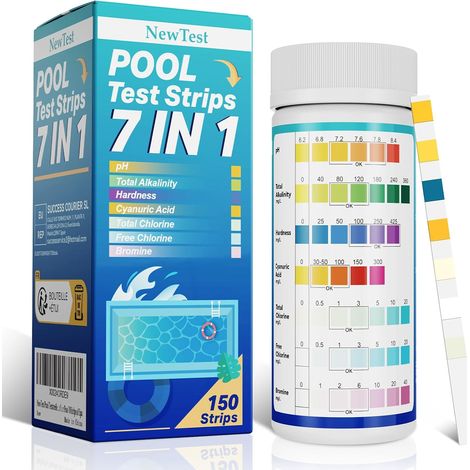 Bandelette Piscine 7-en-1 – Testeur Eau Piscine 150 pièces – Analyse pH, Chlore libre, Alcalinité totale, Brome, Dureté totale, Acide cyanurique, Chlore total (1/5)