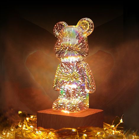 3D-Nachtlicht mit Feuerwerk und Bär, 8 Farbwechsel, LED-Tischlampe, leuchtendes Dekor, Geschenk für Mädchen und Jungen